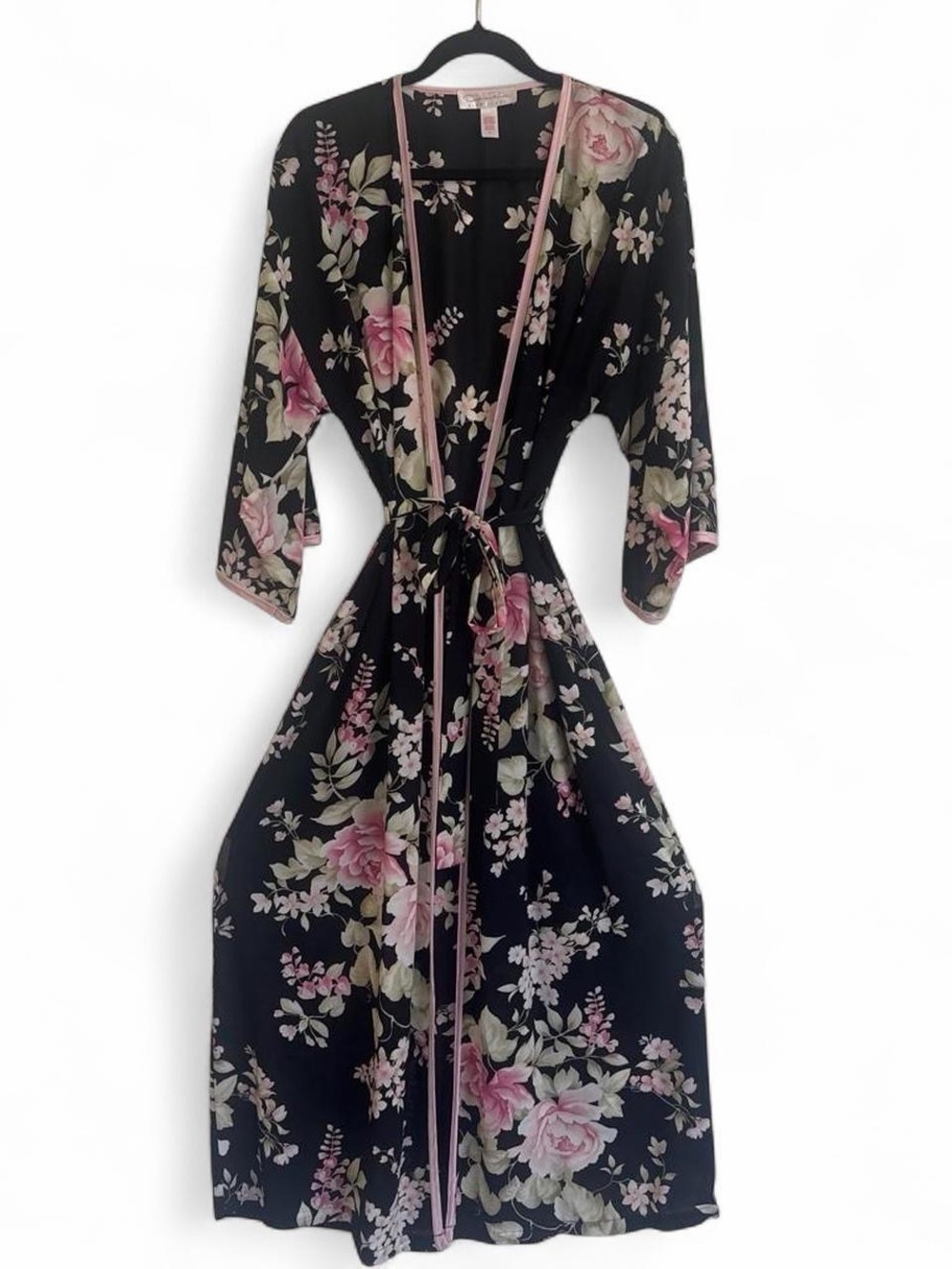 Oscar de la Renta Black Floral Kimono with Pink Trim